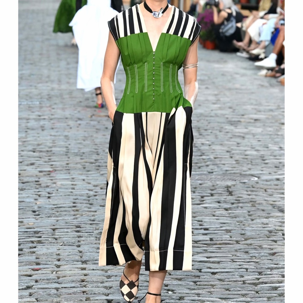 Tory Burch Claire McCardell Silk Shantung Midi Dress Green Black Awning Stripe 8